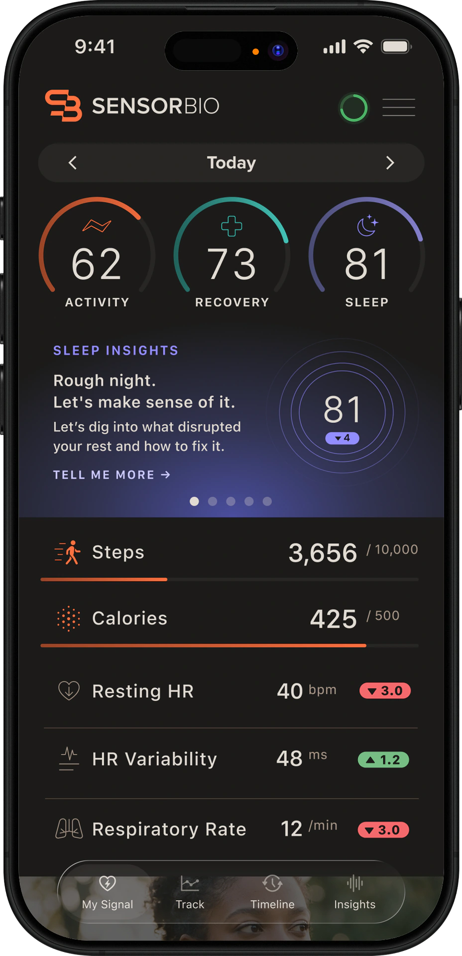 SensorBio mobile app showing activity, recovery, sleep and biometric metrics