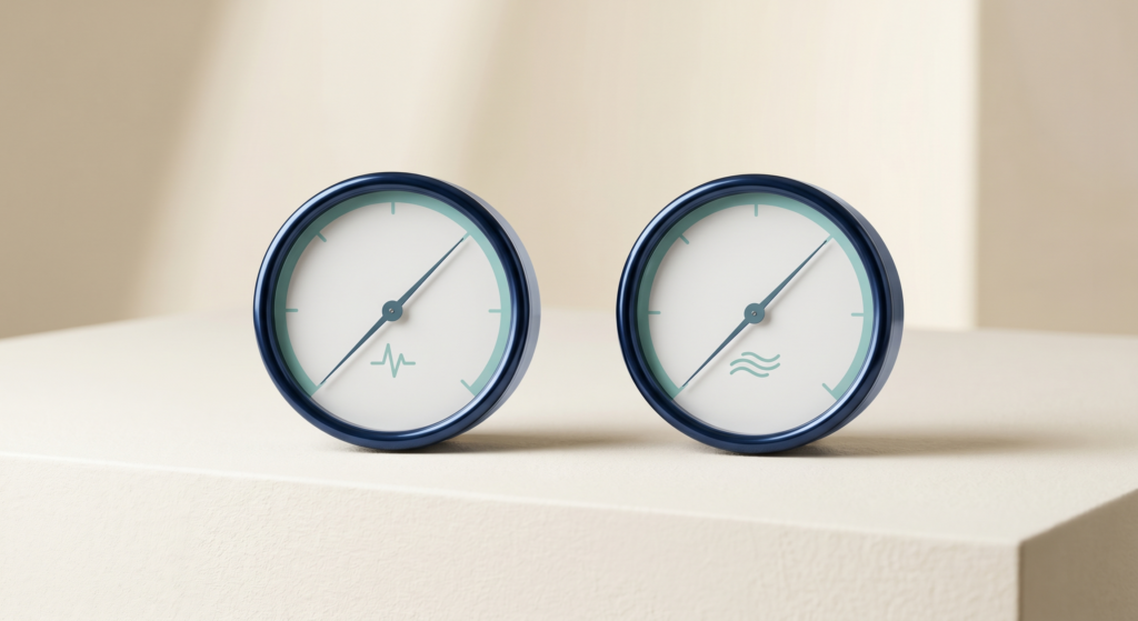 Two minimalist analog gauges representing resting heart rate and heart rate variability