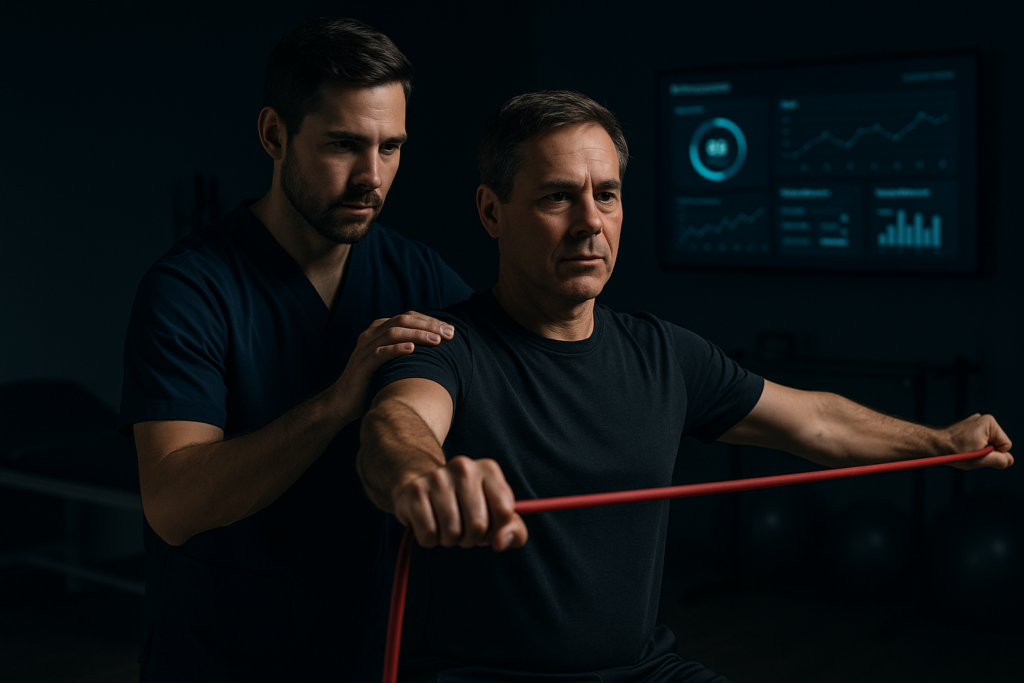 Physical therapist guiding a patient through a shoulder resistance band rehabilitation exercise in a clinical environment with biometric recovery data dashboards displayed on a wall-mounted screen