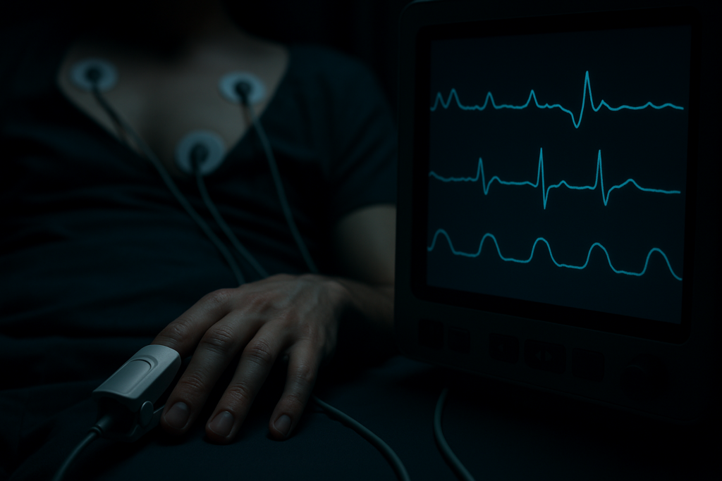 Clinical monitoring scene showing a finger properly inserted in a pulse oximeter clip with ECG electrode leads on chest and three distinct cardiac waveform traces on a monitor
