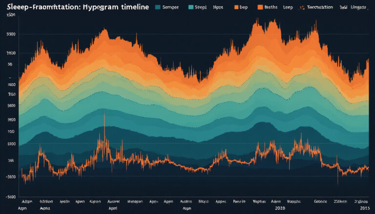 Accelerometer sleep fragmentation visualization showing hypnogram with orange motion burst markers interrupting sleep architecture