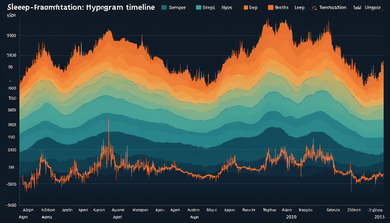 Accelerometer sleep fragmentation visualization showing hypnogram with orange motion burst markers interrupting sleep architecture