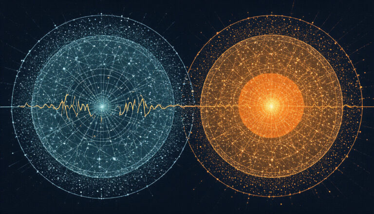 Scientific data visualization showing the inverse relationship between heart rate variability and inflammation markers as overlapping radial constellations