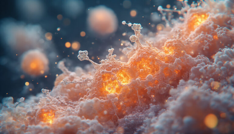Inflammation Markers — Extreme macro visualization of inflammatory biomarkers and cytokine proteins with bioluminescent orange highlights against deep black background