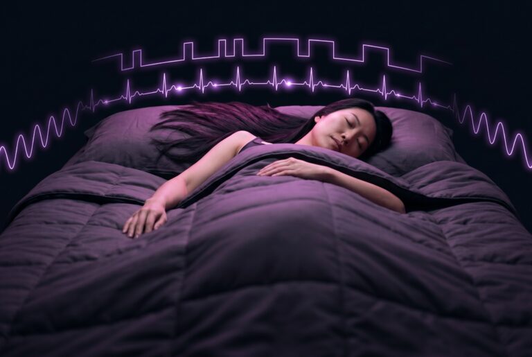 Rem Sleep — A person sleeping peacefully under deep charcoal-plum bedding with floating biometric data visualizations — ECG waveform, sleep-stage hypnogram, and respiration trace — glowing in violet against a dark background.