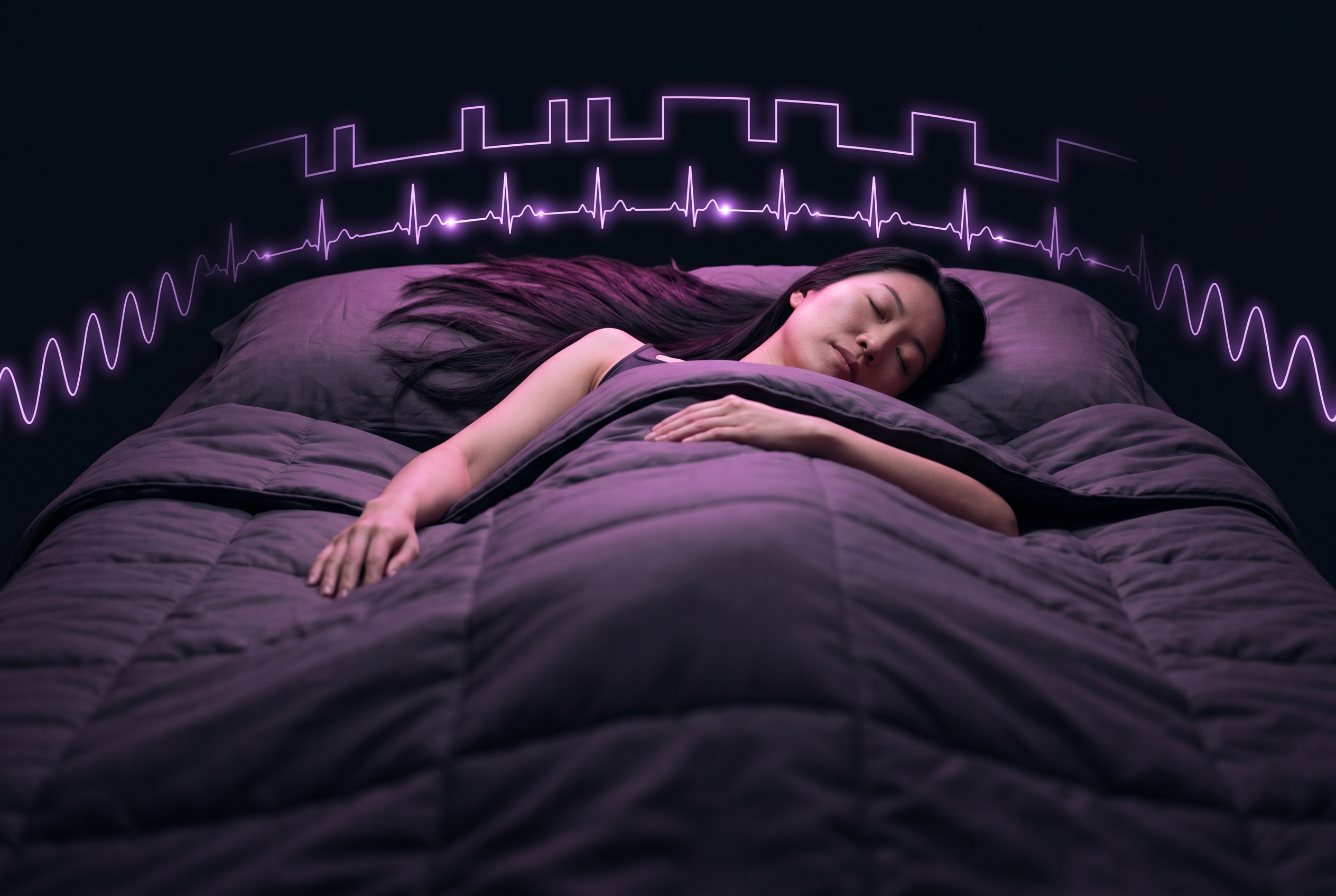 Rem Sleep — A person sleeping peacefully under deep charcoal-plum bedding with floating biometric data visualizations — ECG waveform, sleep-stage hypnogram, and respiration trace — glowing in violet against a dark background.