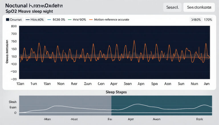 Nocturnal SpO2 time-series visualization showing oxygen saturation accuracy across sleep stages with signal confidence indicators