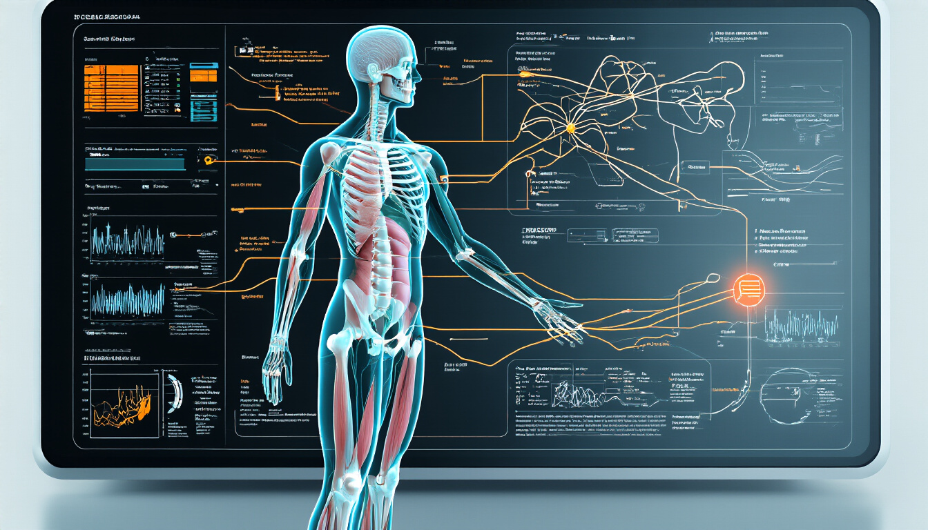 Musculoskeletal anatomical figure showing remote therapeutic monitoring sensor placement and data stream visualization