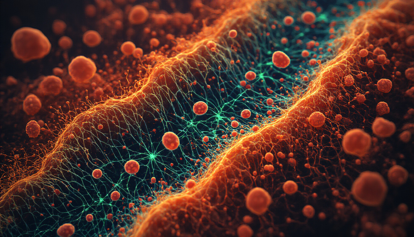 Extreme macro visualization of photoplethysmography showing blood volume pulse changes in capillaries with bioluminescent orange glow