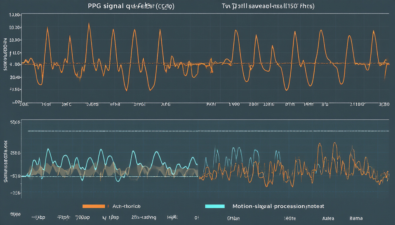PPG signal quality comparison showing clean high-quality waveform versus motion-artifact contaminated signal with quality index indicator