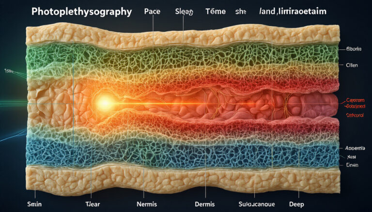 Cross-sectional view of skin layers showing PPG optical wavelength penetration across different skin tones with orange vascular highlights