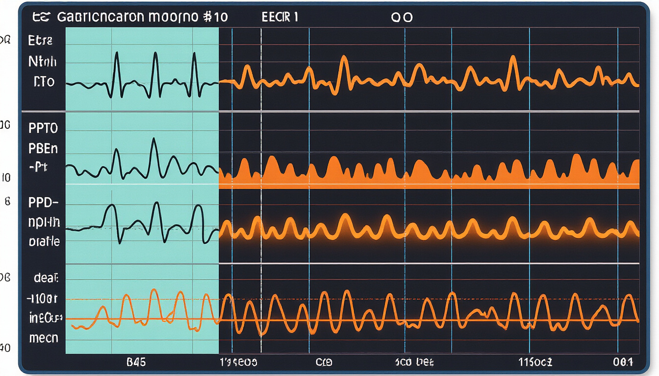 Scientific comparison of ECG, PPG, and SpO2 waveforms showing cardiac event alignment across three monitoring modalities