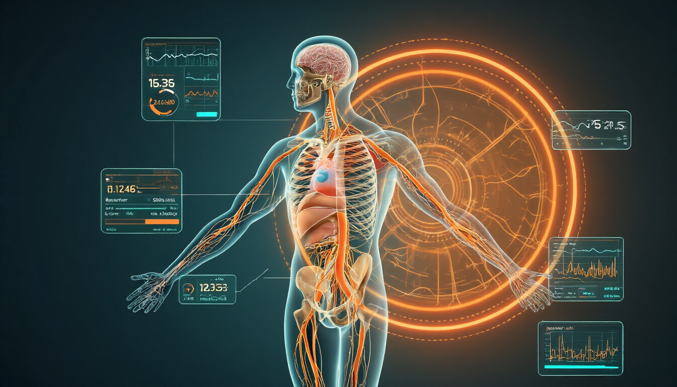 Transparent anatomical human figure with orange rim lighting and floating recovery metrics data panels in a dark cinematic composition