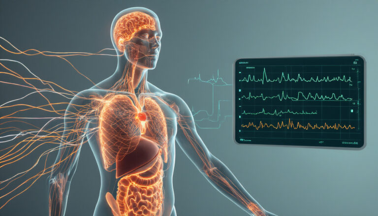 Transparent human figure with biosensor data streams showing remote patient monitoring telemetry flow