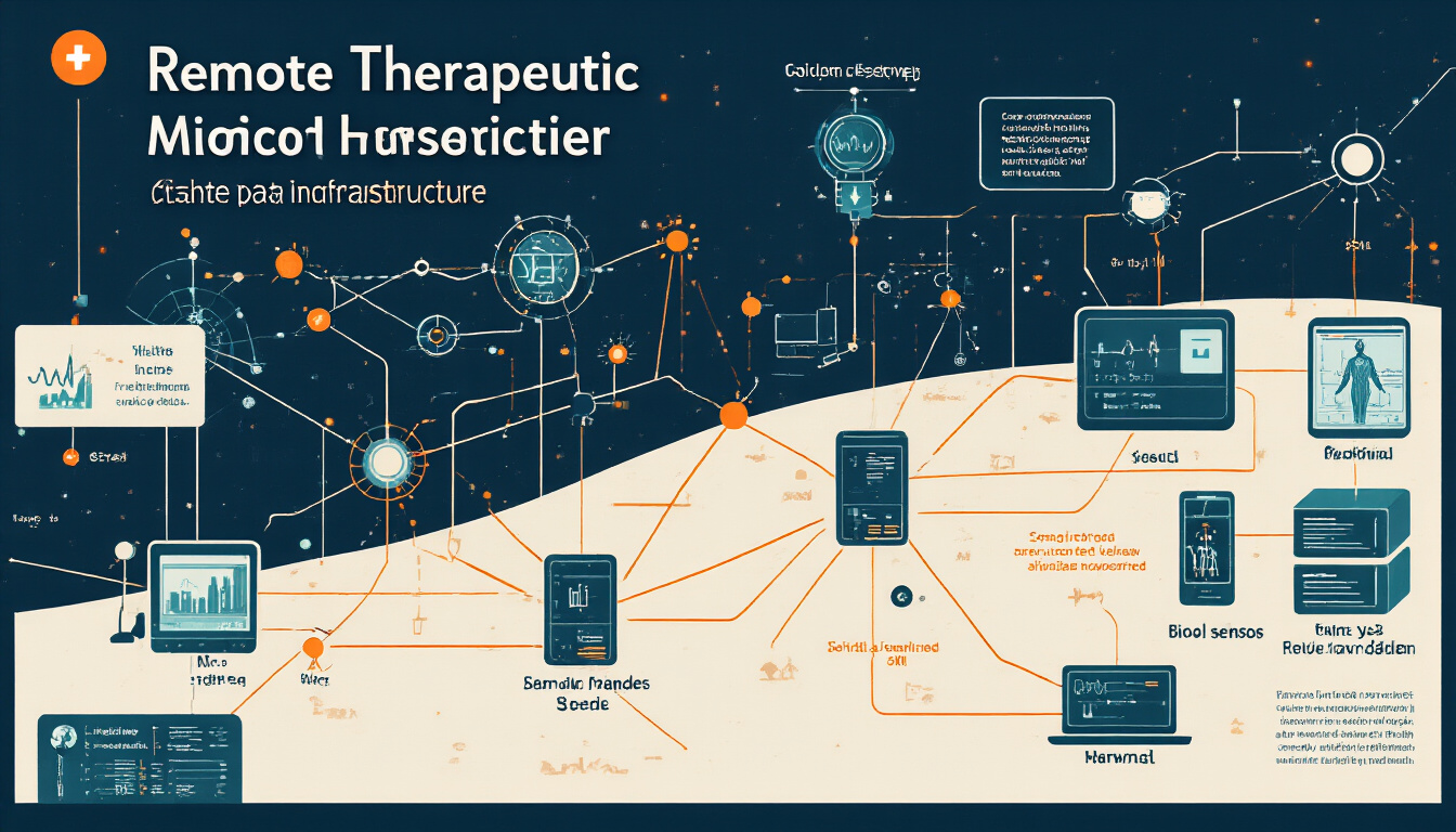 Network topology visualization of remote therapeutic monitoring showing patient biosensor nodes connected by data pathways to clinical monitoring stations