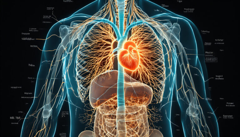 Anatomical human figure showing sympathetic and parasympathetic autonomic nervous system pathways with HRV data overlay